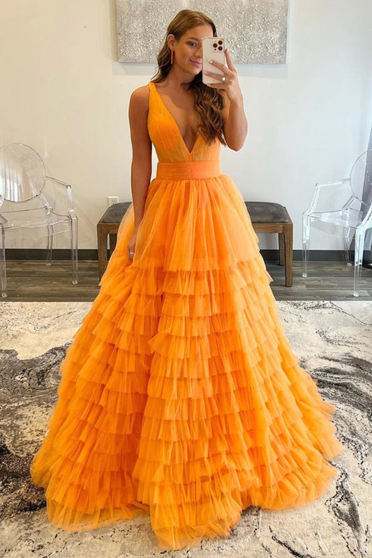 Roycebridal Reese | Vestido de fiesta largo de tul naranja con escote en V y corte A