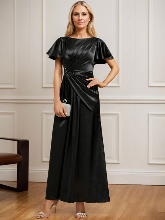 Vestido de madre de la novia de satén elástico con escote redondo y largo hasta los tobillos, con plisado y cuentas 