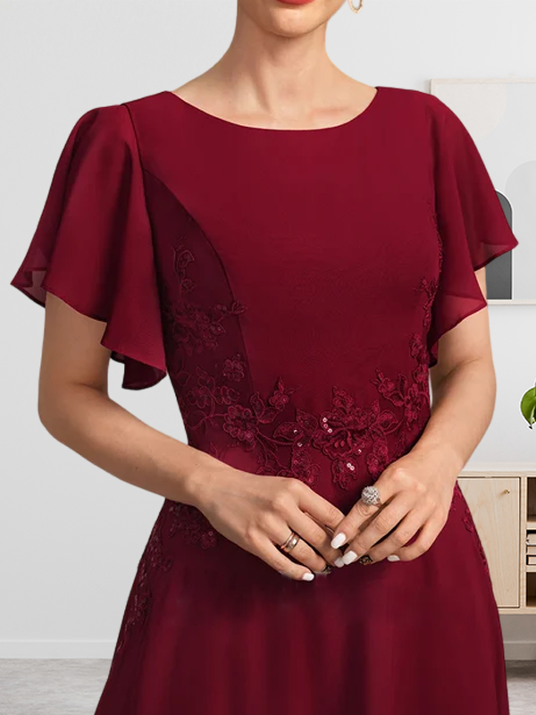 Robe de mère de la mariée en mousseline de soie à dentelle, longueur cheville, en forme trapèze avec décolleté arrondi et paillettes