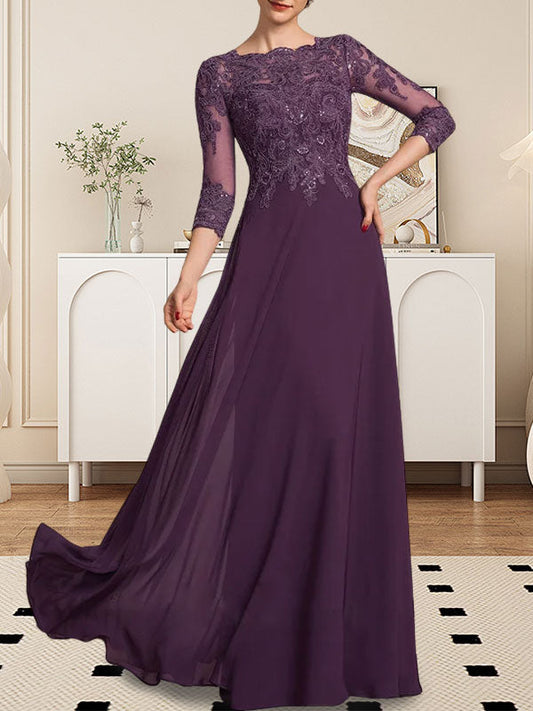 Vestido de gasa con encaje y lentejuelas para madre de la novia, corte A, largo hasta el suelo
