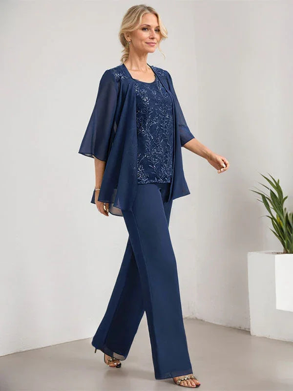 Mono/Pantalón Separado con Escote Redondo, Largo hasta el Suelo, de Encaje y Gasa, Vestido de Madre de la Novia con Lentejuelas