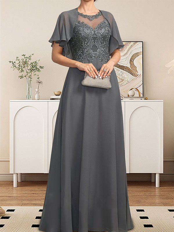 A-Linie, U-Ausschnitt, Illusion, bodenlanges Spitzen-Chiffon-Kleid für die Brautmutter mit Pailletten