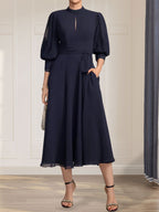 Abito da madre della sposa in chiffon di pizzo, linea a trapezio, collo alto, lunghezza al tè, con fiocco