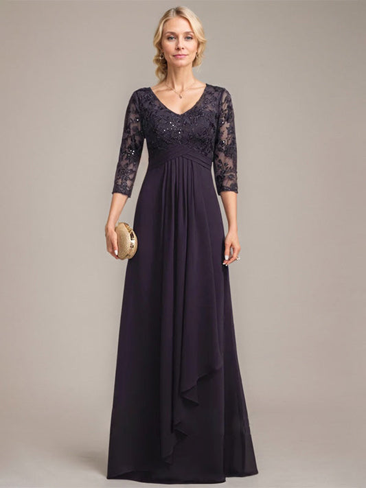 A-Linie, V-Ausschnitt, bodenlanges Chiffon-Kleid für die Brautmutter mit kaskadierenden Rüschen und Pailletten 