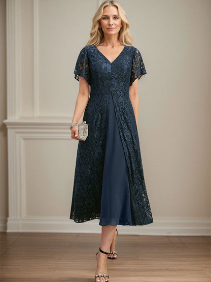 A-Linie V-Ausschnitt Wadenlanges Chiffon-Kleid für die Brautmutter 