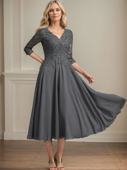 A-Linie, V-Ausschnitt, knielang, Chiffon, Spitze, Kleid für die Brautmutter mit Perlen und Pailletten 