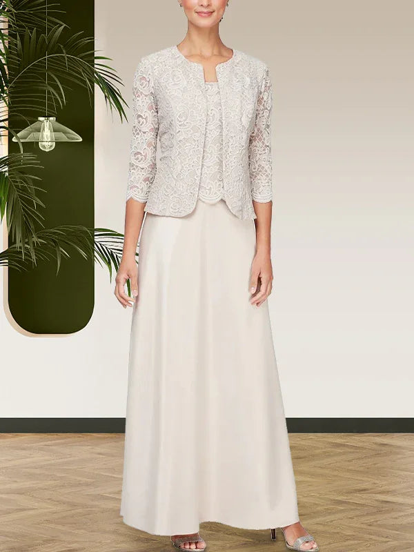 فستان مع جاكيت تنورة من الدانتيل اللامع والساتان مع جاكيت مفتوح