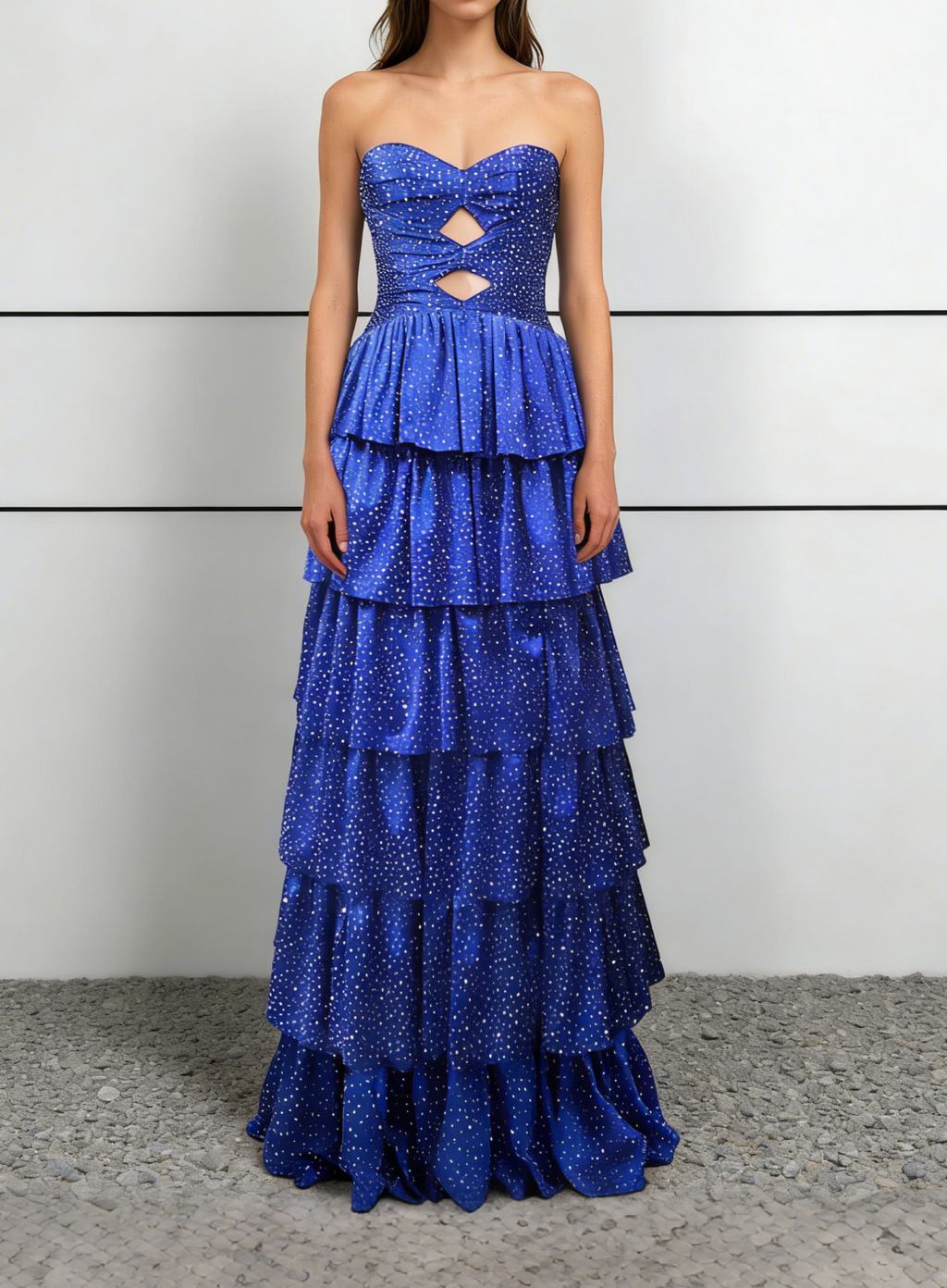 Vestido de Baile Azul Real Sem Alças com Camadas | Vestido de Noite com Folhos e Brilho Cintilante