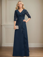 Abito da madre della sposa in chiffon di pizzo a linea ad A, con collo, scollo a V, lunghezza fino al pavimento, paillettes e balze a cascata