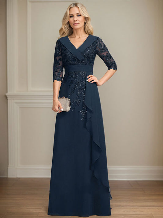 Vestido de madre de la novia de gasa con encaje, escote en V, corte A y largo hasta el suelo, con lentejuelas y volantes en cascada 