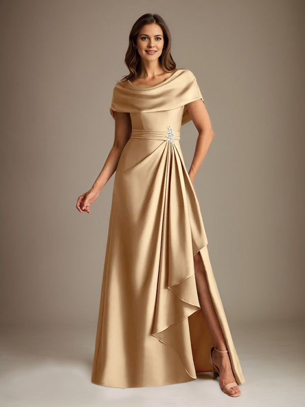 Robe de mère de la mariée en satin extensible, longueur au sol, coupe en A avec encolure dégagée et volants en cascade