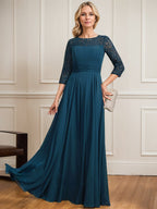 A-Linie U-Ausschnitt Illusion Bodenlang Spitze Chiffon Mutter der Braut Kleid Mit Plissee 