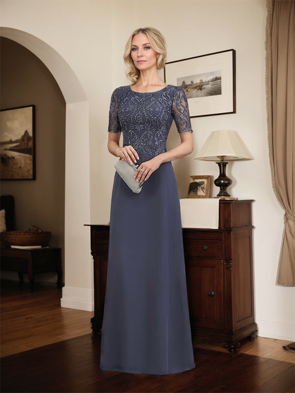Robe de mère de la mariée en dentelle et mousseline, longueur au sol, en ligne A, décolleté en U, ornée de paillettes