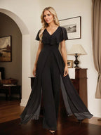 فستان سهرة شيفون طويل بطول الأرض وياقة على شكل حرف V بدلة قفز/بدلة بنطلون