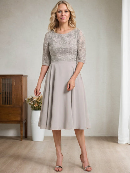 A-Linie U-Ausschnitt Knielang Chiffon Spitzenkleid für die Brautmutter