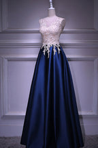 BMbridal Dark Navy Satin Prom Dress Beading Appliques Sleeveless Floor Length