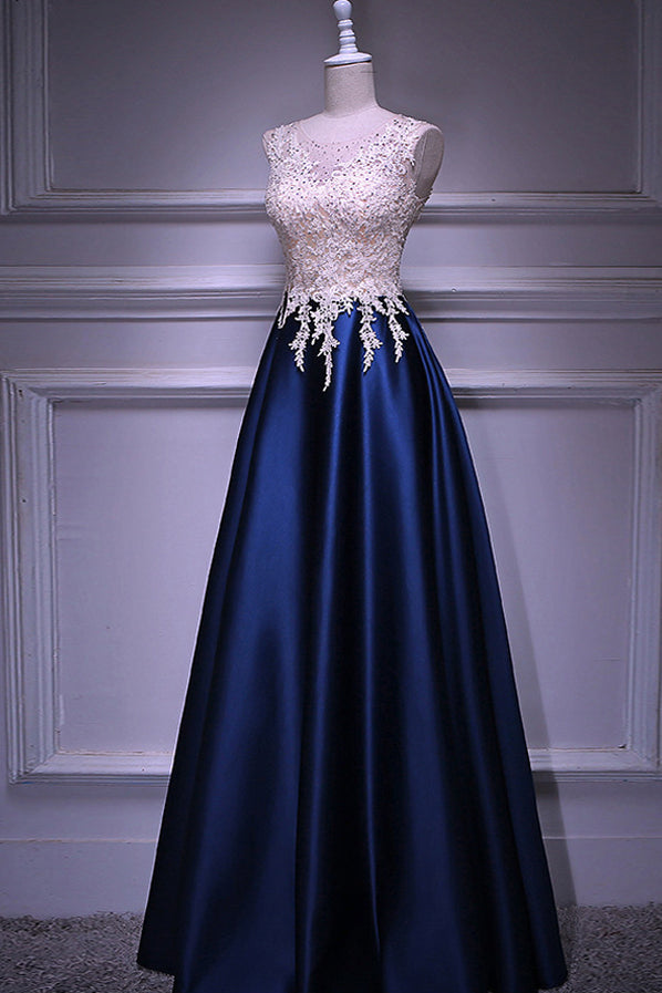 BMbridal Dark Navy Satin Prom Dress Beading Appliques Sleeveless Floor Length