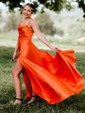 A Line Cowl Neck Satin Prom Dress With Slit