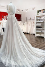 BMbridal Simply Sleeveless White Tulle Lace Ruffles A Line Wedding Dress Long