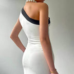 TARUXY Bow Skew Collar Sexy Split Maxi Dress Women's Contrast Color Sleeveless Elegant Club Evening Dress Splice Fashion Outfits