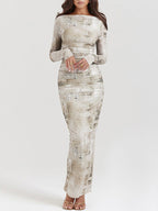 Lange Ärmel, schmal, bedruckt, mit Schlitz am Rücken, geteilter Schnitt, Rundhalsausschnitt, Abendkleider, Maxikleider 