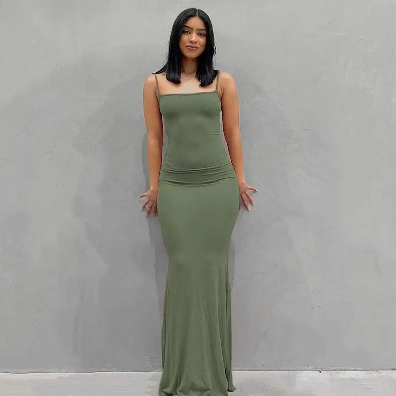 Satin-Schlupf ärmelloses rückenfreies eng anliegendes schlankes langes Kleid 2022 Frühling Damen Festliche Y2K Schlichte Figurbetonte Elegante Kleider Damenbekleidung
