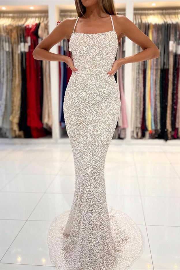Abito da sera sirena con paillettes e spalline sottili, schiena scoperta