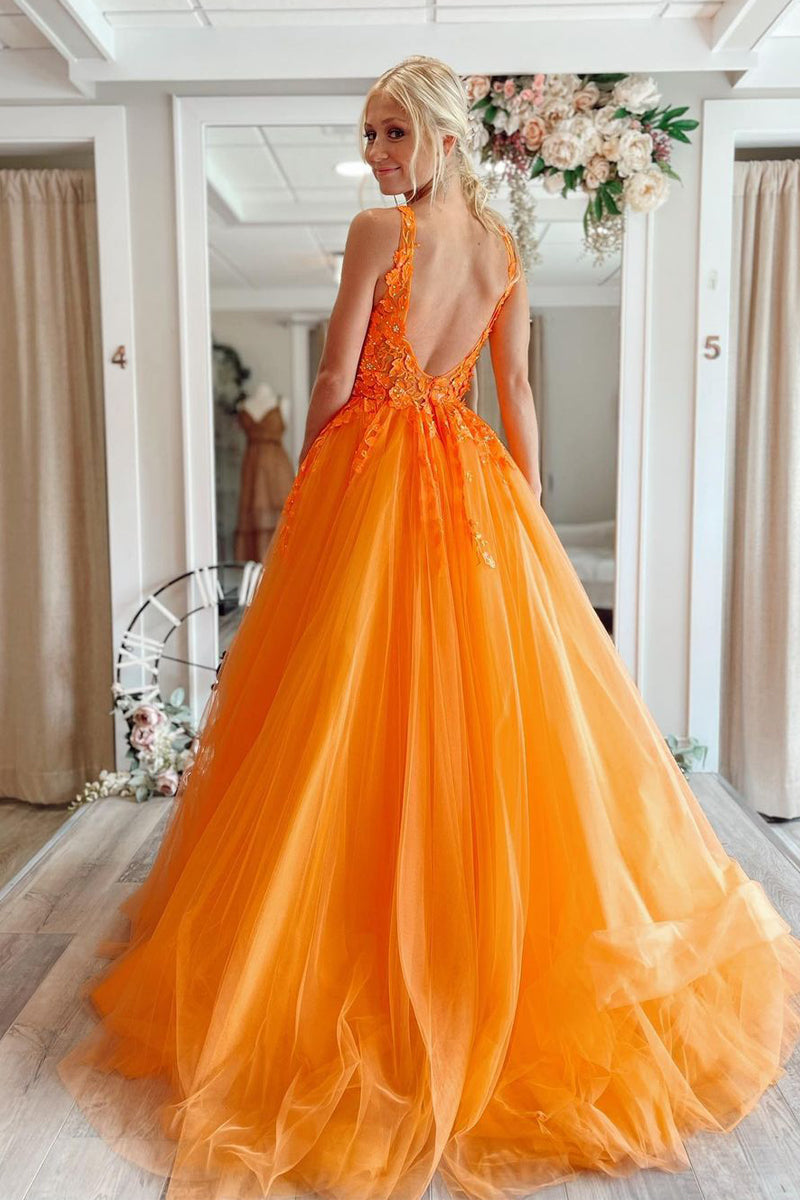 A-Linien-Ballkleid aus Tüll mit V-Ausschnitt und Applikationen