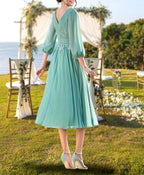 V Neck Knee Length A Line Mother Of The Bride Dress With Lace Ruffle Embroidery