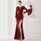 Cocktail Elegant Long Sleeve Sequined Fishtail Evening Dress