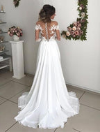 Romantic A Line Slit Wedding Dress With Long Sleeves Lace Chiffon