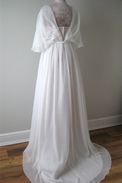 Boho V Neck Chiffon A Line Lace Wedding Dress Belt