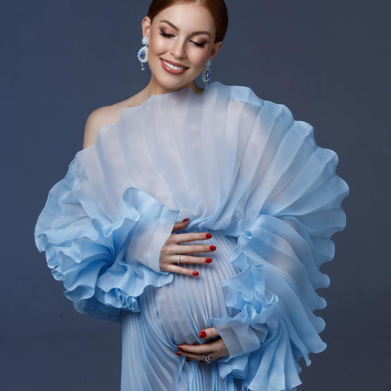 Elegant Blue Pleated Maternity Dresses for Photoshoot Puff Sleeves Sheer Organza Maternity Gown Photography Babyshower Dress