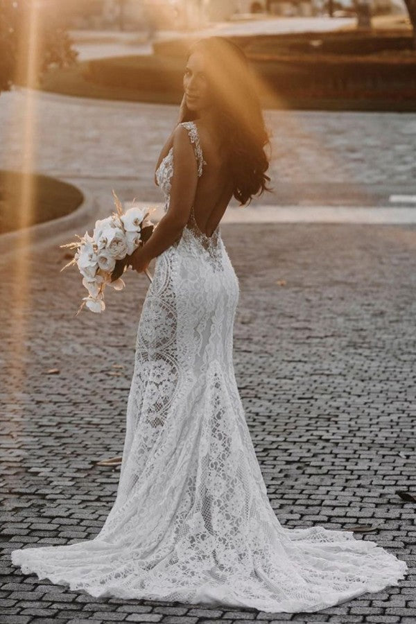 Lace Mermaid Bridal Wedding Dress Backless Sleeveless Chapel Train