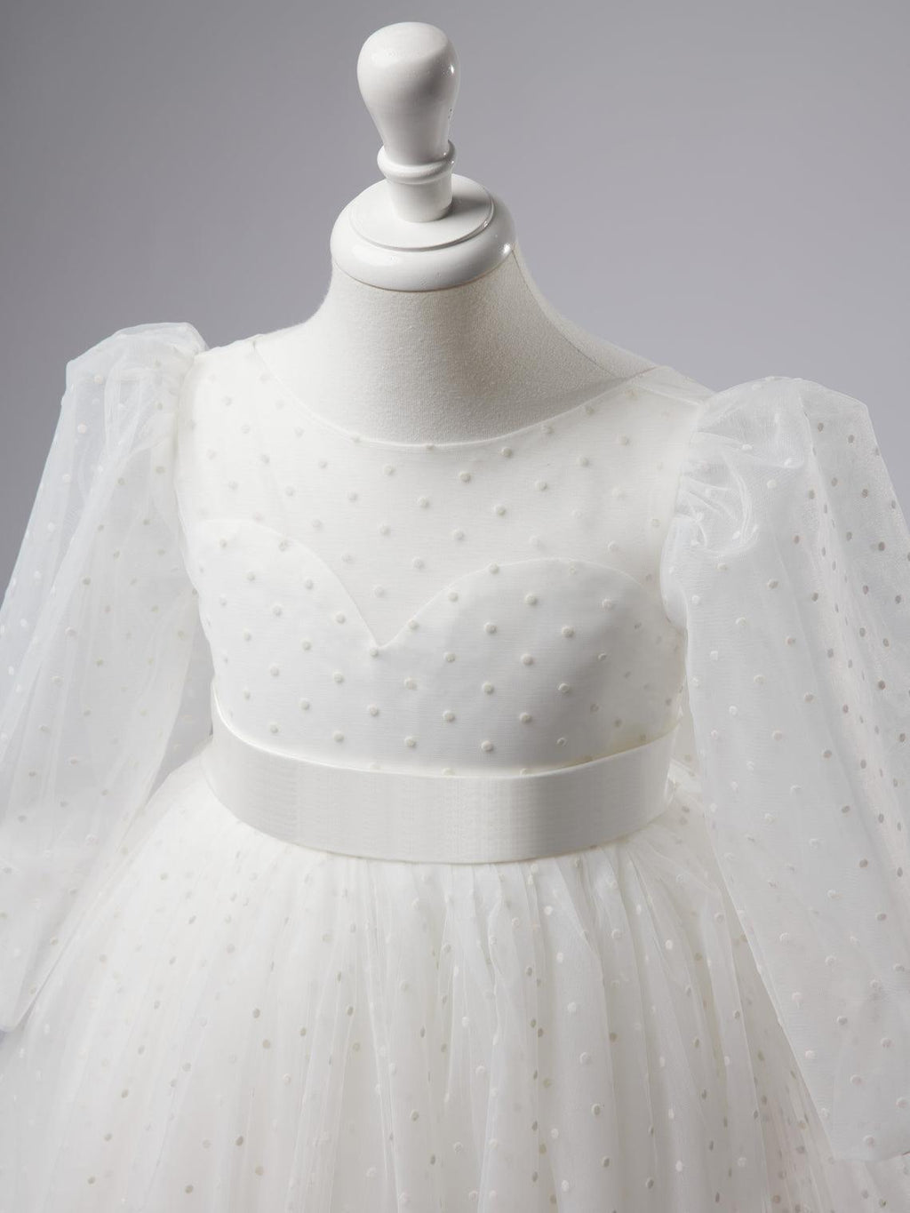 Ivory Polka Dot Tulle Puff Sleeve Sweep Train First Communion Flower Girl Dress