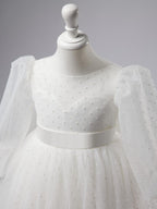 Ivory Polka Dot Tulle Puff Sleeve Sweep Train First Communion Flower Girl Dress