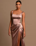 Dusty Rose Spaghetti Strap Square Neck Mermaid Prom Dress With Side Split