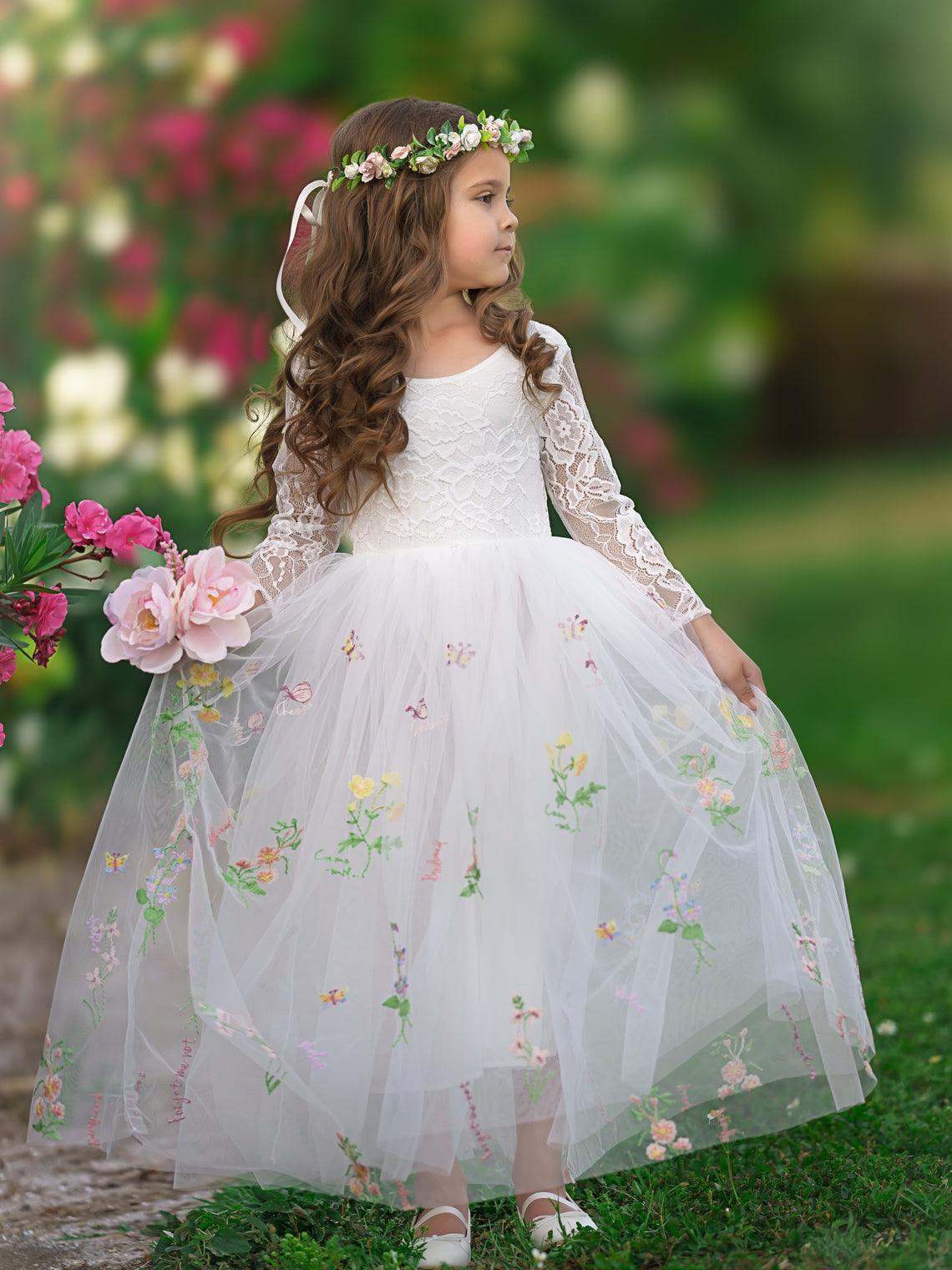 White Floral Lace Tulle Flower Girl Dress A Line Long Sleeve Floor Length