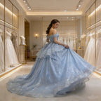 Echtes Bild Himmelblaues Kleid mit Kappenärmeln, Perlen, gestuftem Ballkleid aus Tüll, glänzend, Damen, Abschlussball, Festliche Anlässe, Quinceañera 15, Maßgeschneidert