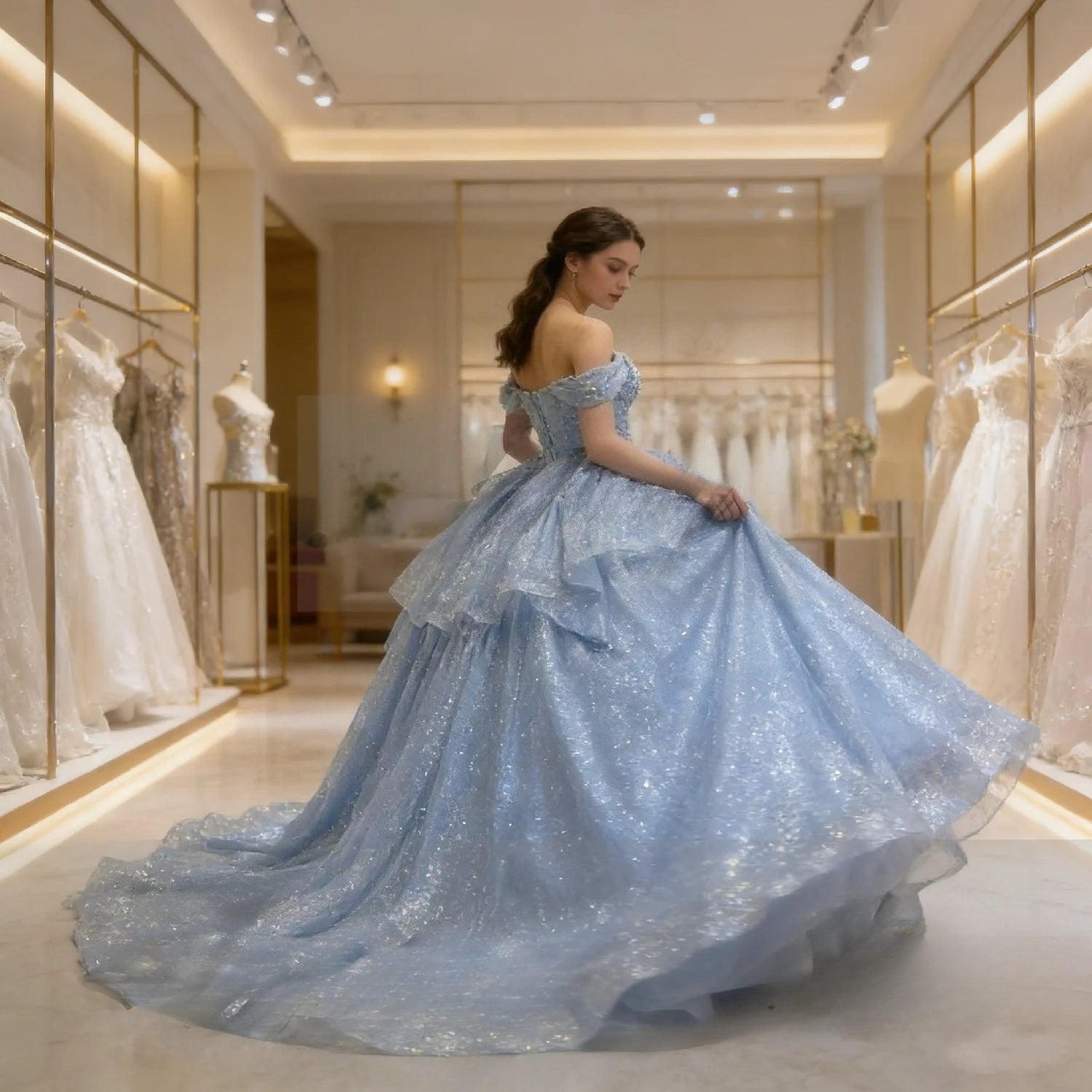 Echtes Bild Himmelblaues Kleid mit Kappenärmeln, Perlen, gestuftem Ballkleid aus Tüll, glänzend, Damen, Abschlussball, Festliche Anlässe, Quinceañera 15, Maßgeschneidert