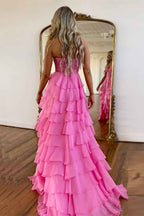 Light Blue A Line Sweetheart Chiffon Prom Dress With Tiered Ruffles Appliques