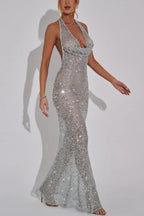Vestido largo con cuello halter, lentejuelas transparentes y brillo toda la noche 