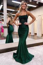 Emerald Green Satin Spaghetti Strap Mermaid Prom Dress With Beading Crystals