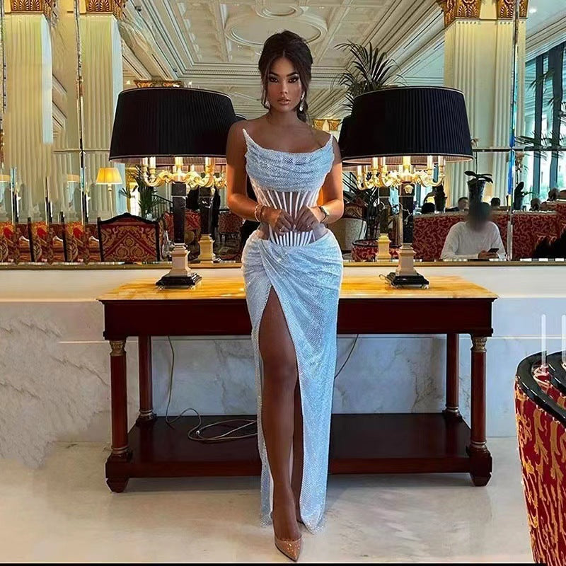 Elegant Crystal Beaded Backless Dress Party Prom Dress