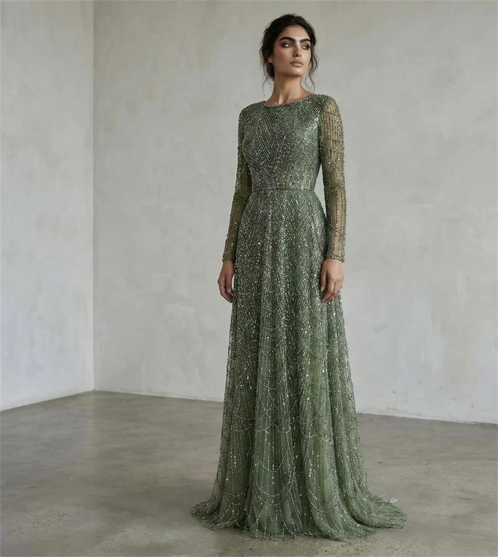 Contessa Custom formal gown elegant beaded tulle evening dress long sleeve boat neck floor length A line glam sparkly prom party