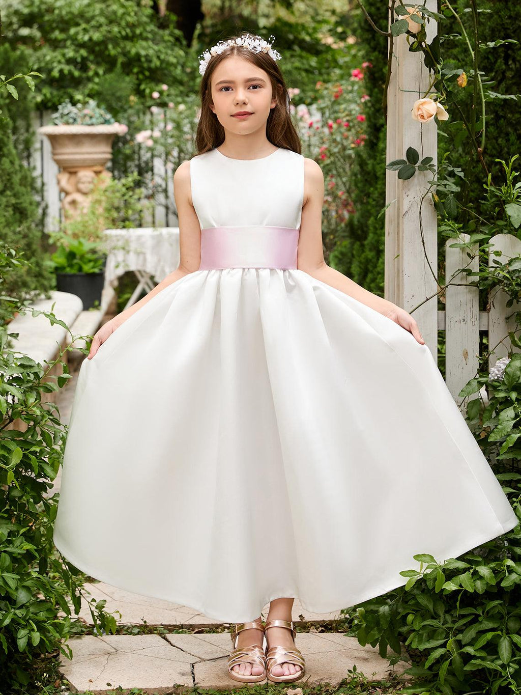 Ivory Satin Flower Girl Ball Gown Ankle Length Dress With Sash