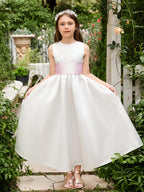 Ivory Satin Flower Girl Ball Gown Ankle Length Dress With Sash