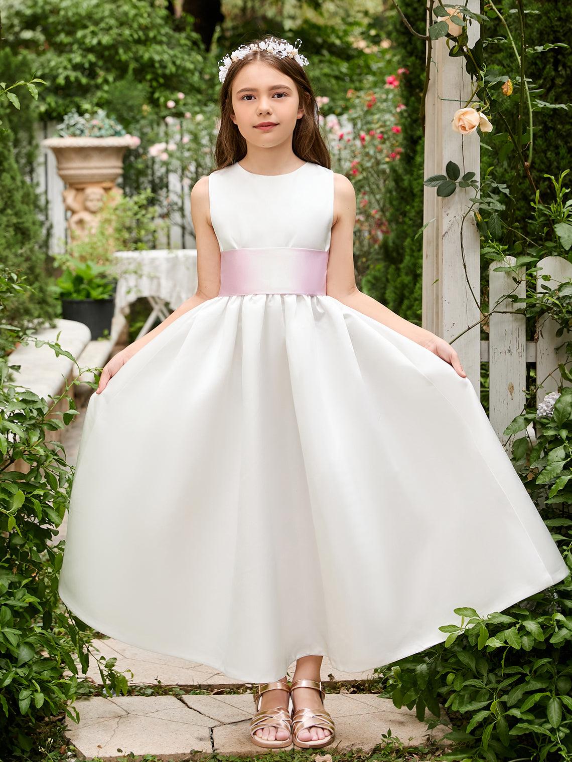 Ivory Satin Flower Girl Ball Gown Ankle Length Dress With Sash