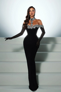Halter Off Shoulder Mermaid Prom Dress With Long Sleeves Beading