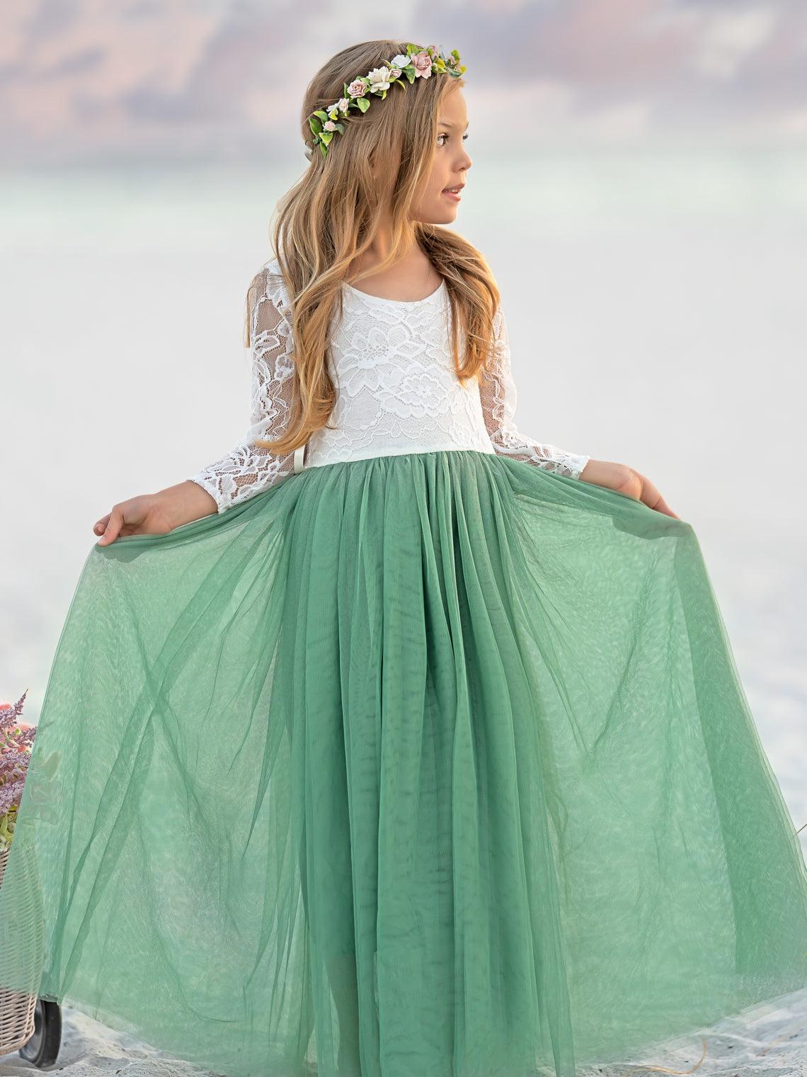 Ivory Peony Lace Long Sleeve A Line Tulle Tutu Flower Girl Party Dress